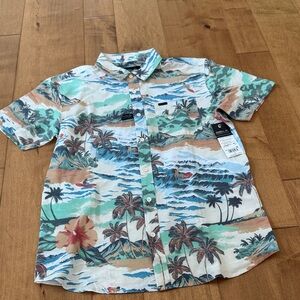O'Neill Tropical Print Short Sleeve Shirt in Teal, Blue, Tan